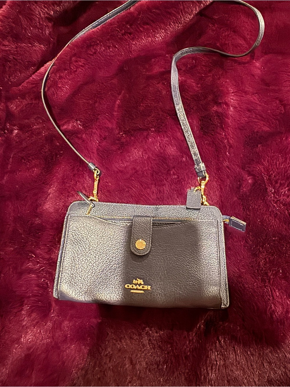 Coach Navy Pebbled Leather Crossbody Bag with Wallet and Gold Hardware